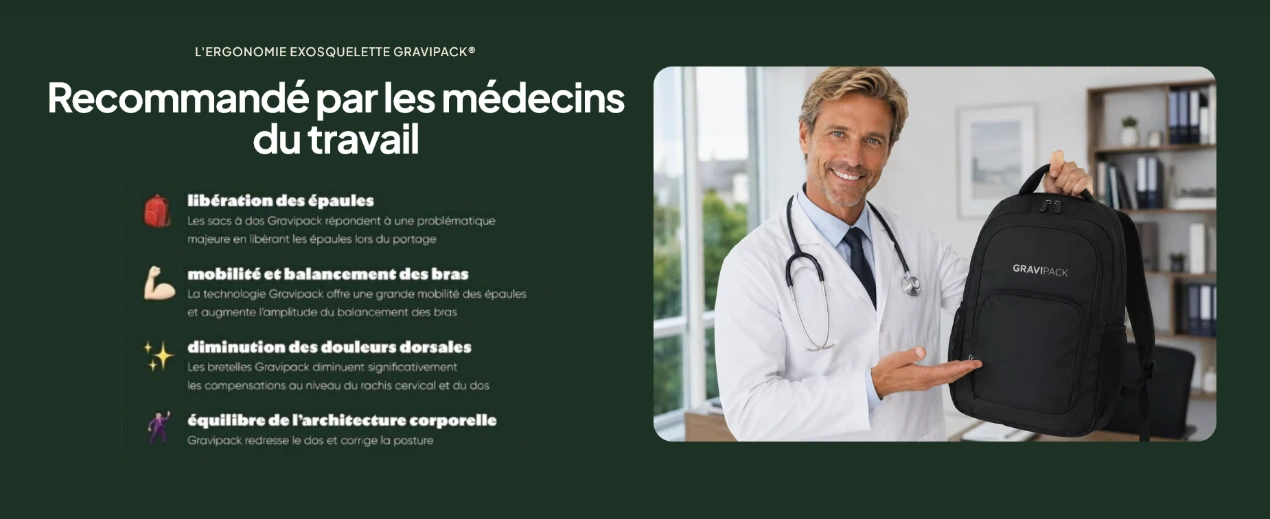 Médecin conseillant un sac à dos exosquelette Gravipack